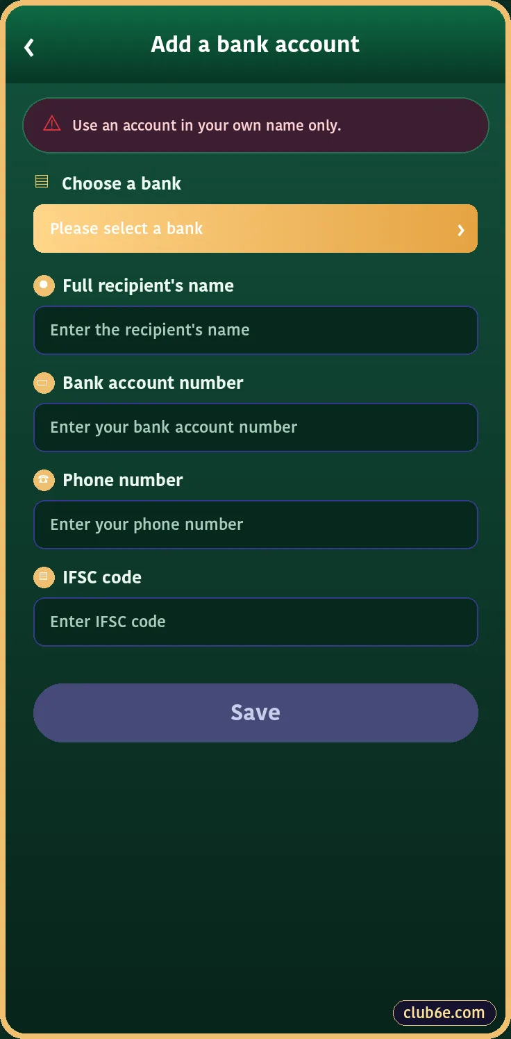 Add bank account in 6E Club