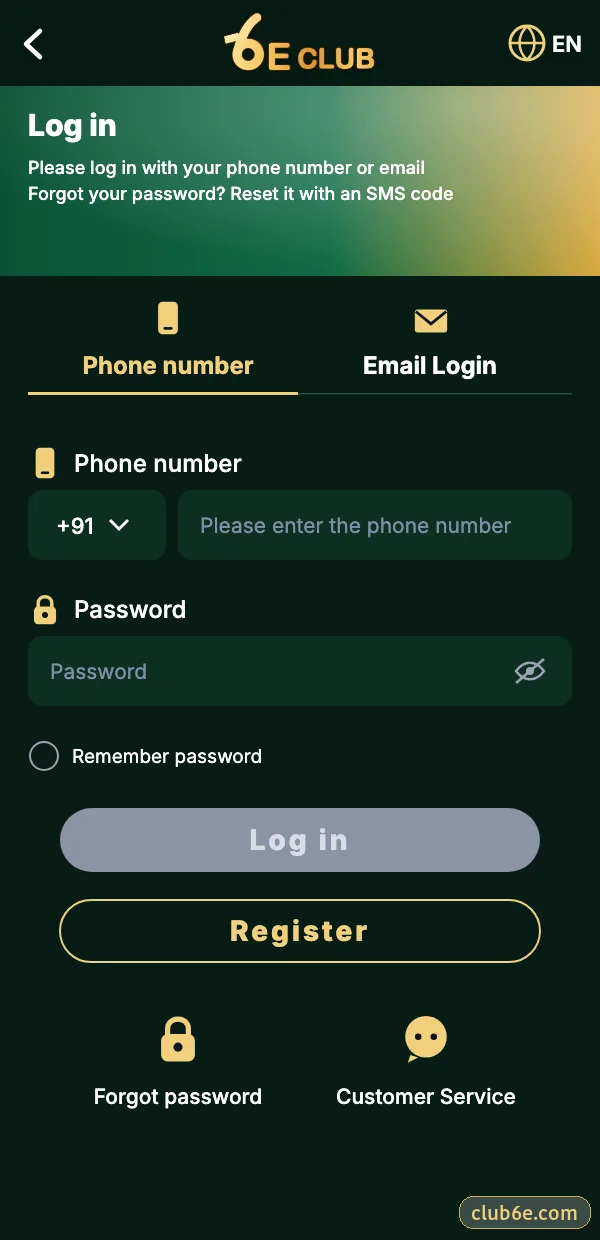 6E Club login screen