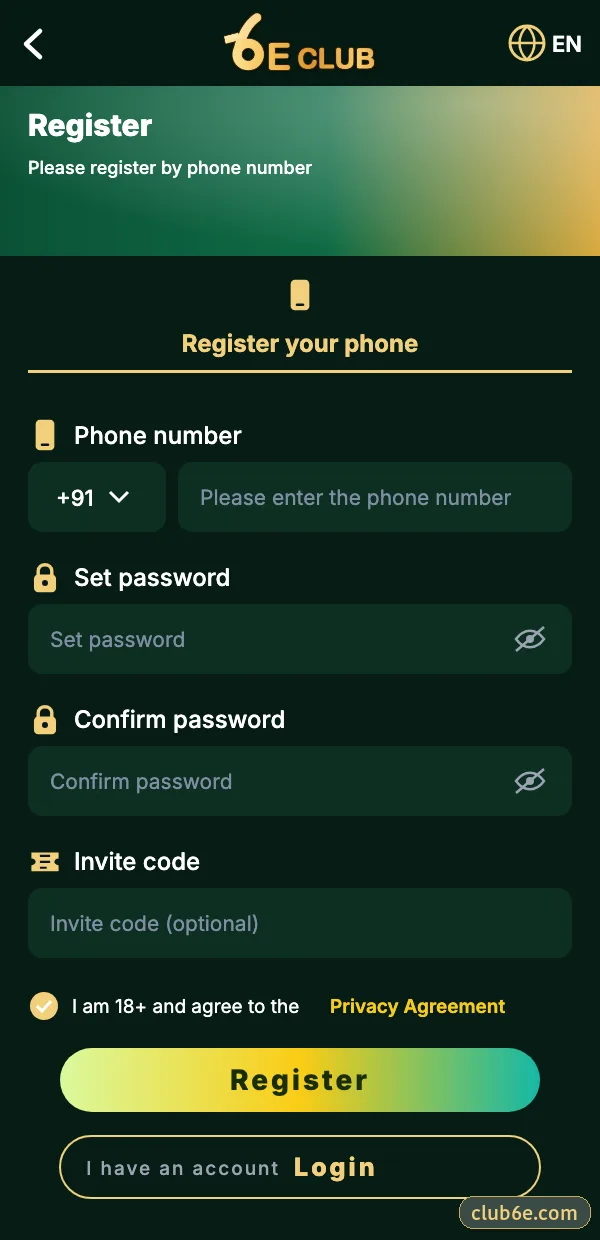 6E Club registration screen