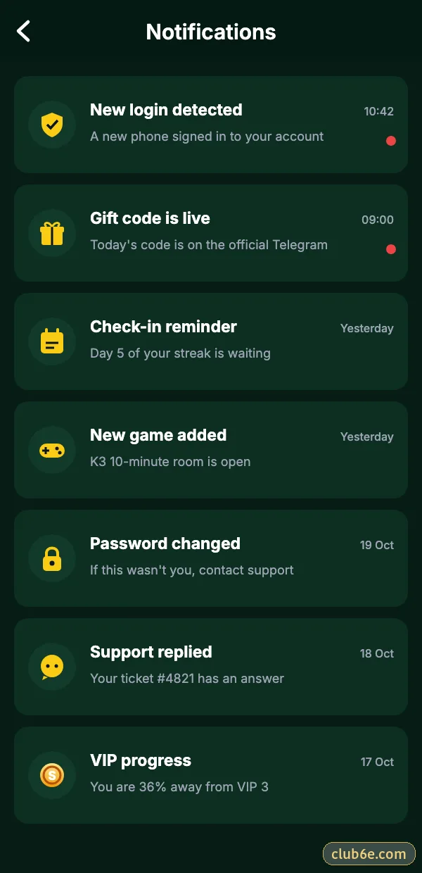 6E Club notifications